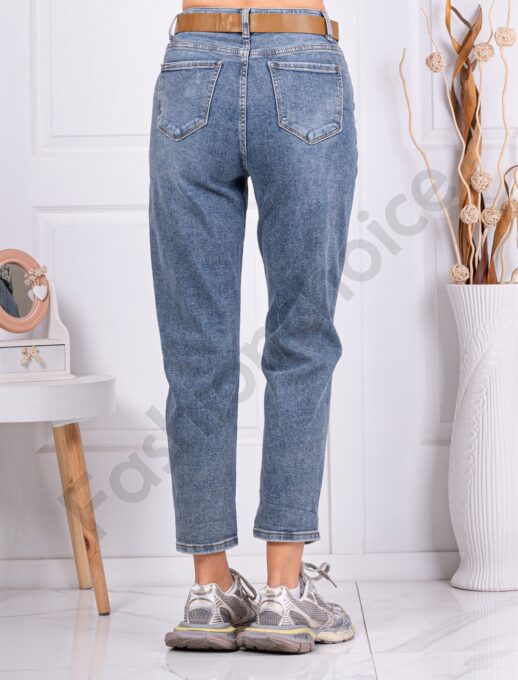 Blugi de dama cu curea in talie si efect prespalat-albastru cod 8347