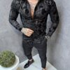 Camasa pentru barbati cu elemente din catifea si imprimeu elegant-negru cod 245399-2