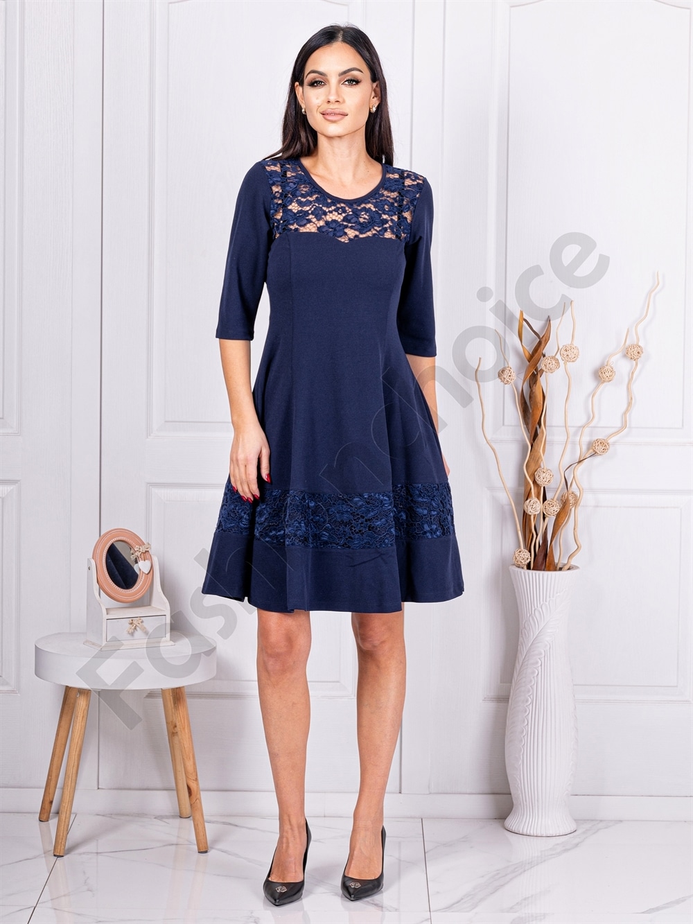 Rochie oficiala cu dantela pe decolteu-albastru inchis cod 2020