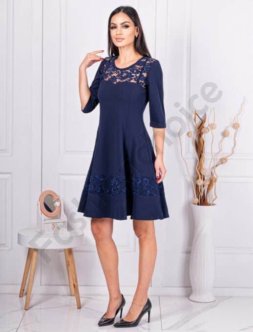 Rochie oficiala cu dantela pe decolteu-albastru inchis cod 2020