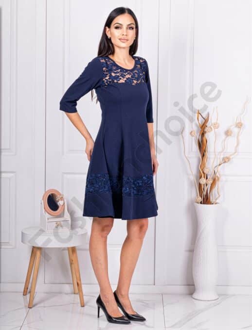 Rochie oficiala cu dantela pe decolteu-albastru inchis cod 2020