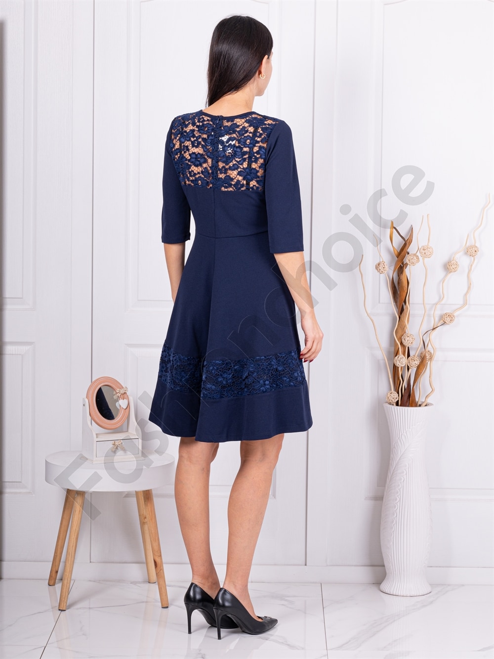 Rochie oficiala cu dantela pe decolteu-albastru inchis cod 2020