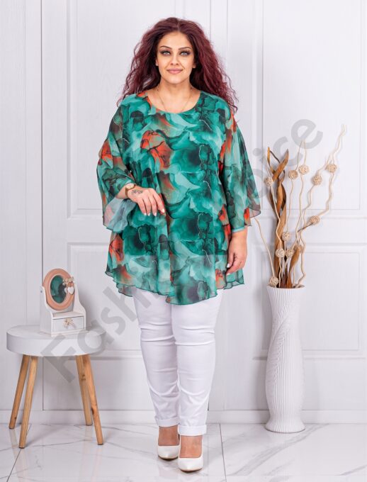 Tunica maxi din sifon cu imprimeu floral-verde cod 25357