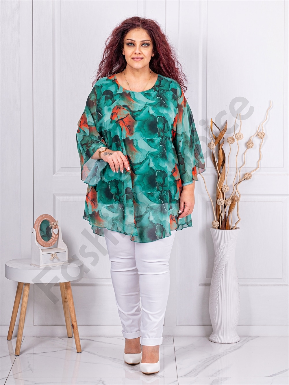 Tunica maxi din sifon cu imprimeu floral-verde cod 25357