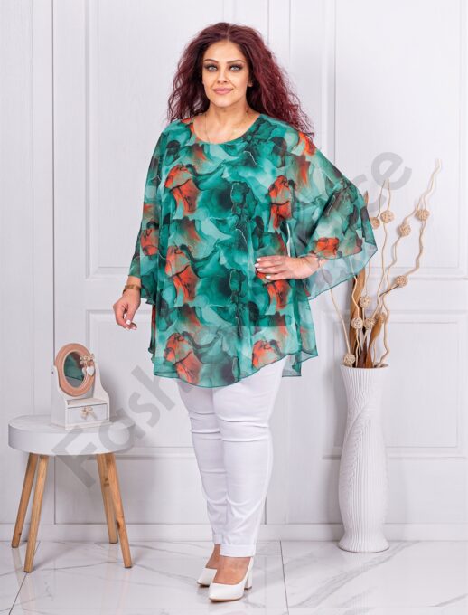Tunica maxi din sifon cu imprimeu floral-verde cod 25357