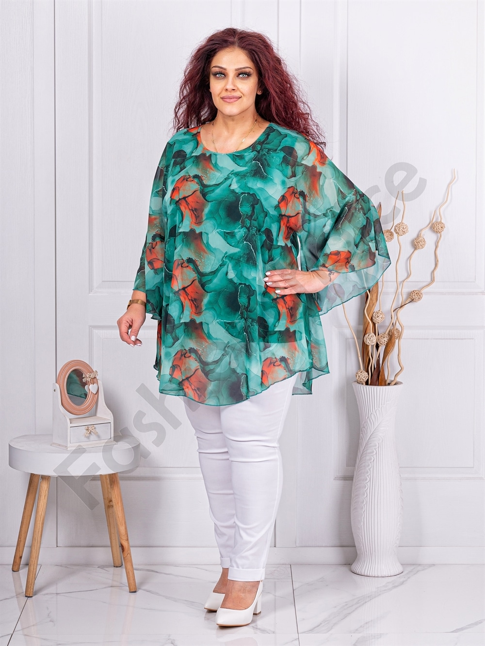 Tunica maxi din sifon cu imprimeu floral-verde cod 25357