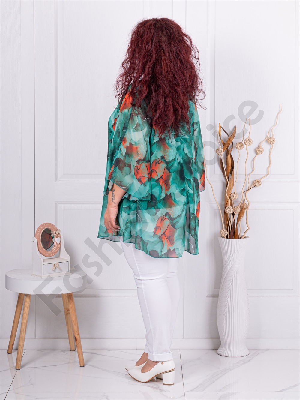 Tunica maxi din sifon cu imprimeu floral-verde cod 25357