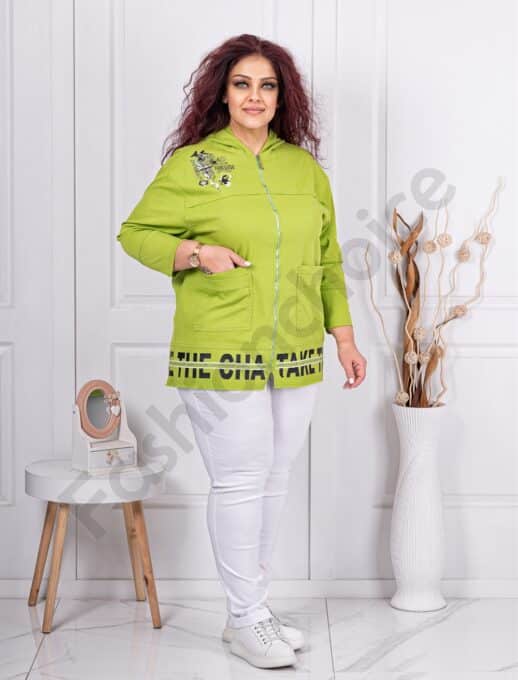 Jacheta maxi cu design modern si inscriptii in fata si spate-lime cod 2959-3