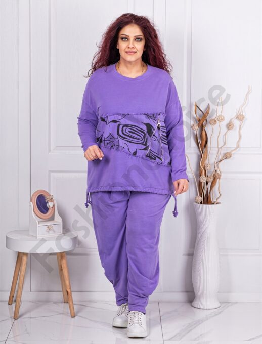 Compleu maxi sport-elegant cu banda florala si fermoar-mov cod 9994-4