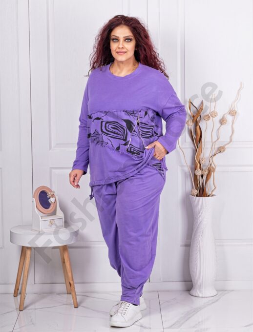 Compleu maxi sport-elegant cu banda florala si fermoar-mov cod 9994-4