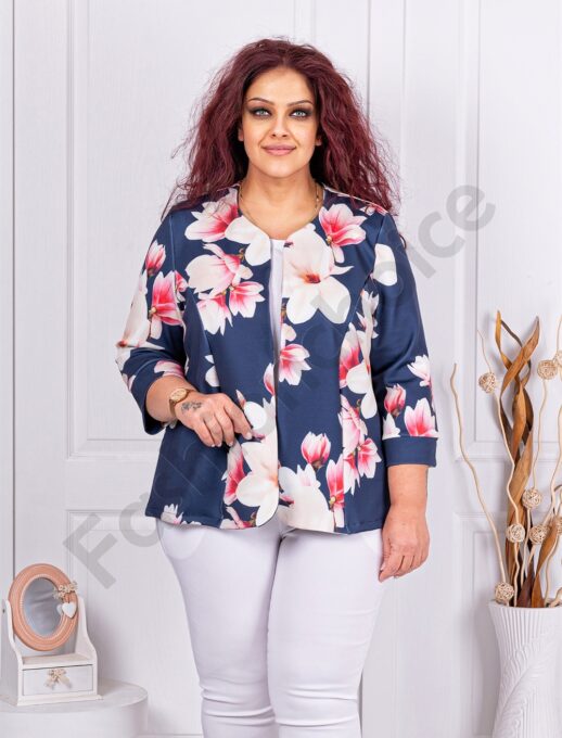 Blazer maxi elegant cu imprimeu floral-albastru inchis cod 1439