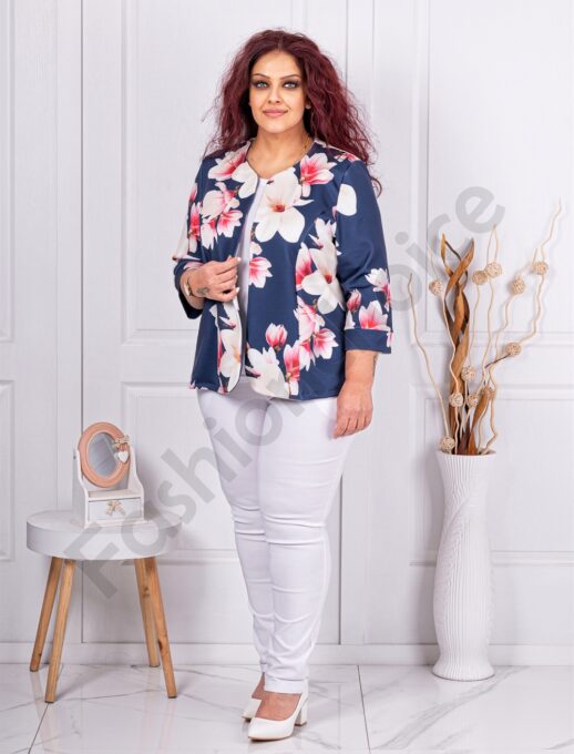 Blazer maxi elegant cu imprimeu floral-albastru inchis cod 1439