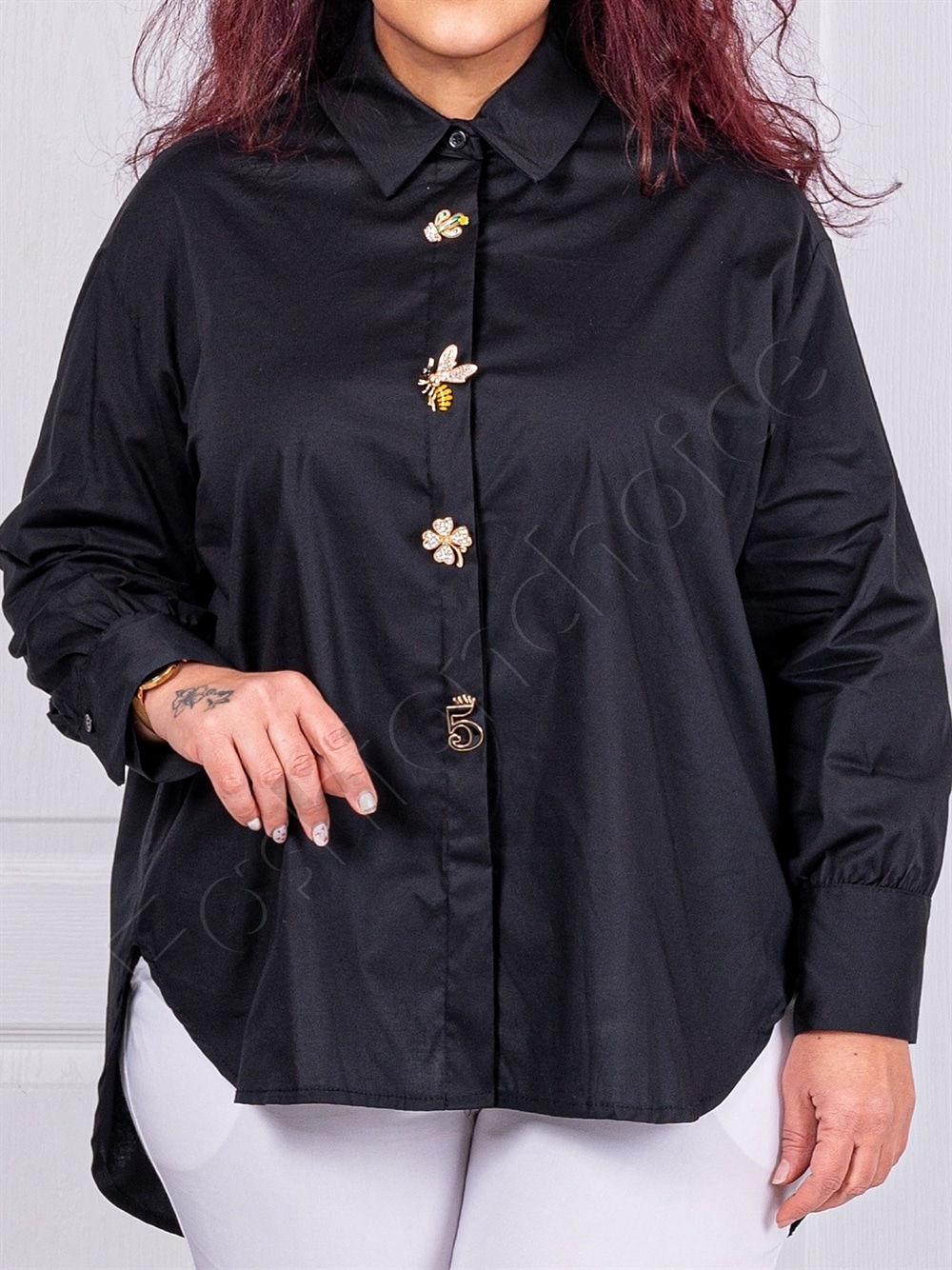 Camasa maxi eleganta cu decoratie din brose-negru cod 15977