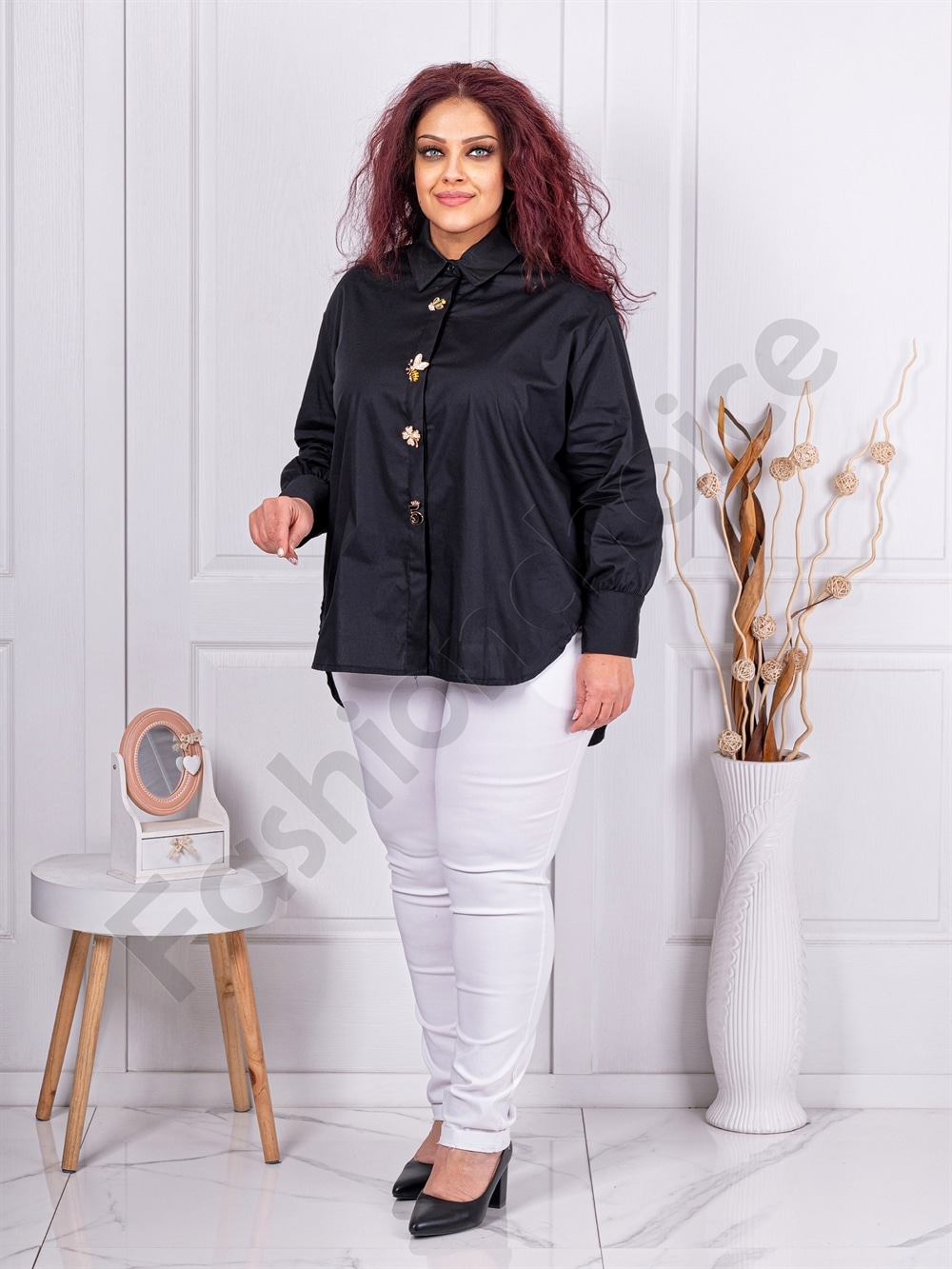 Camasa maxi eleganta cu decoratie din brose-negru cod 15977