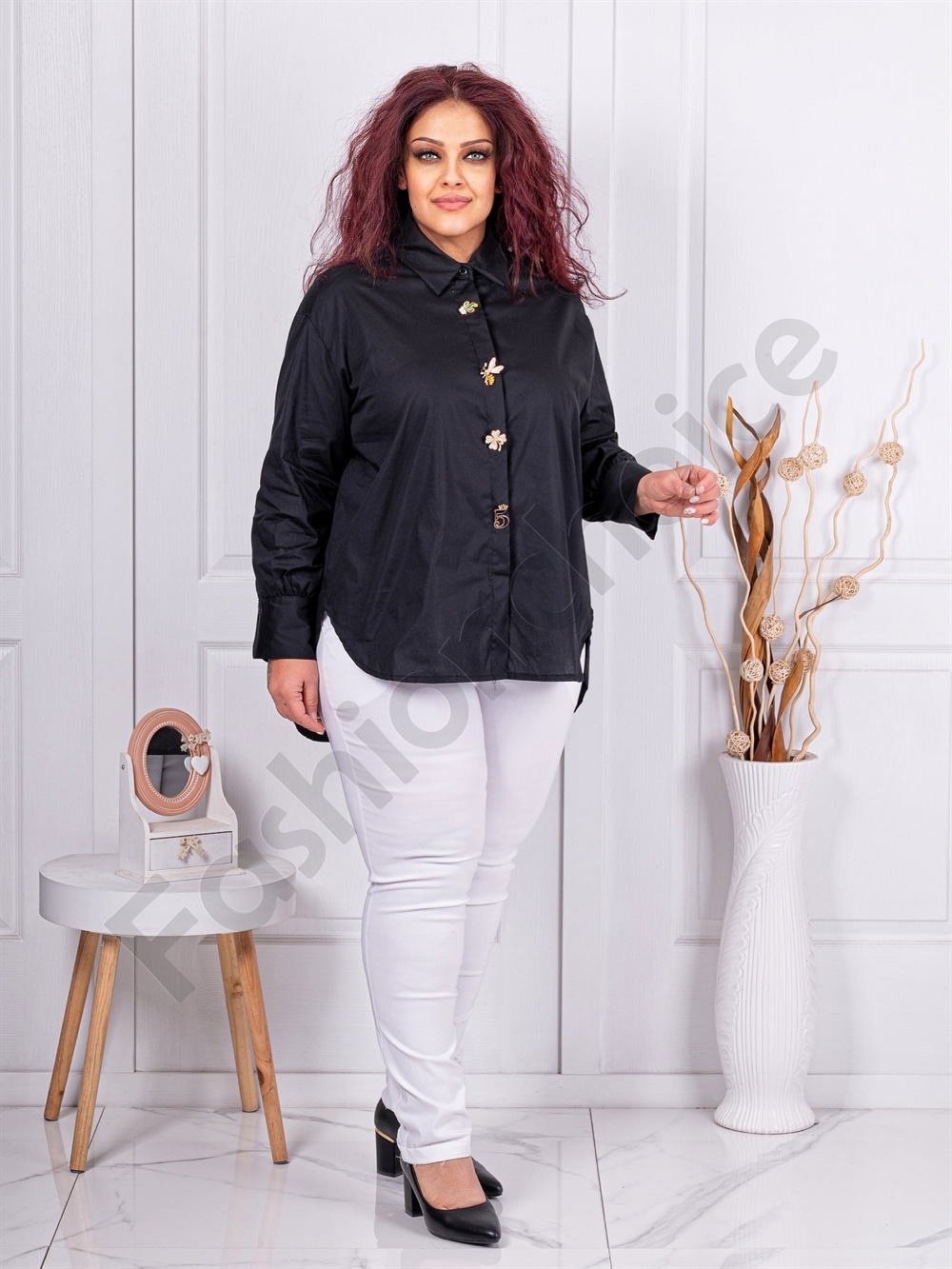 Camasa maxi eleganta cu decoratie din brose-negru cod 15977