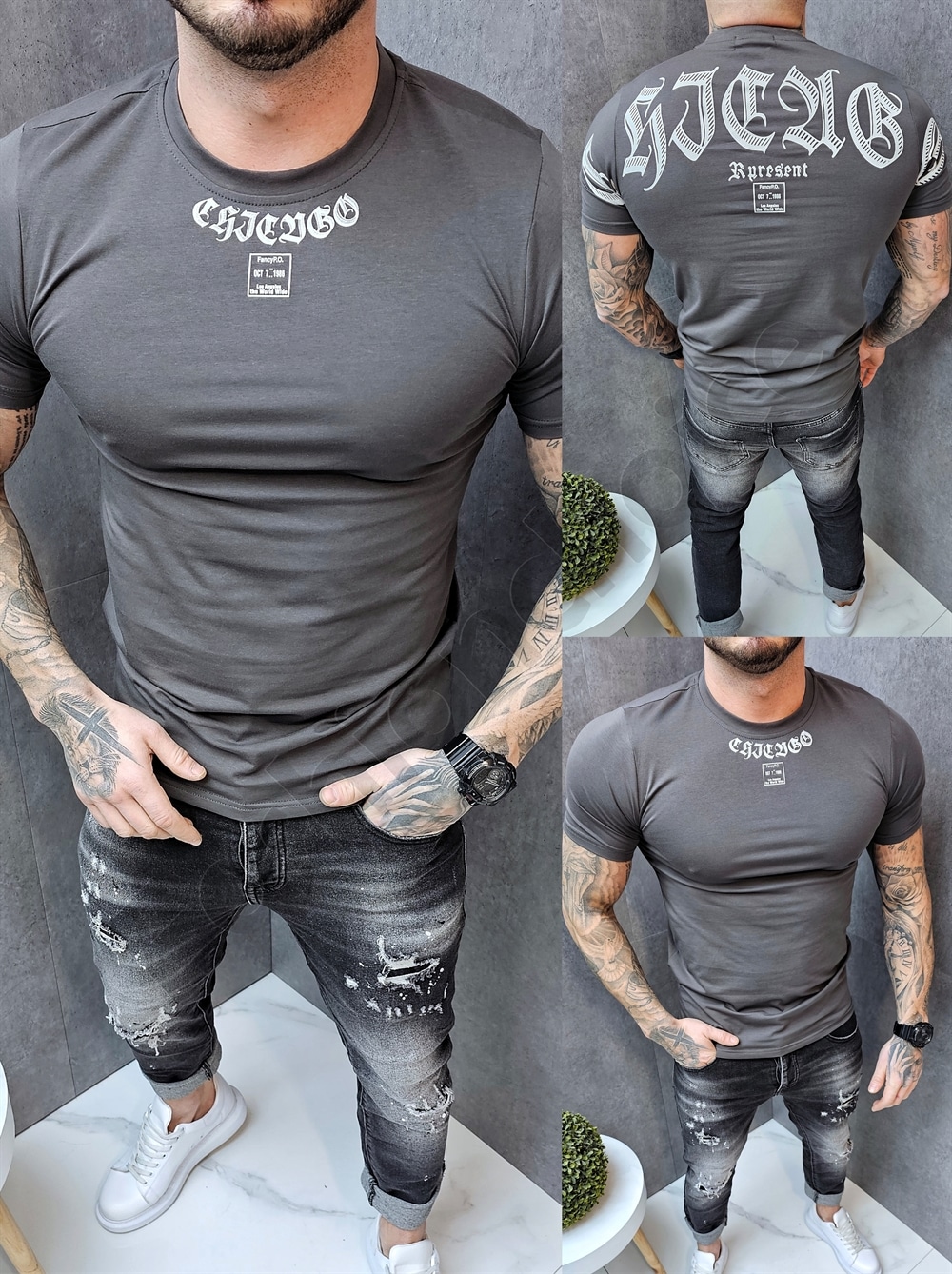Tricou barbati cu inscriptie mare in spate-kaki cod 6061-1