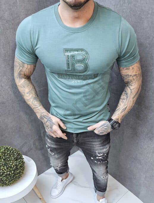 Tricou barbati cu imprimeu cauciucat Honolulu si pietricele-verde pastel cod 1239-2