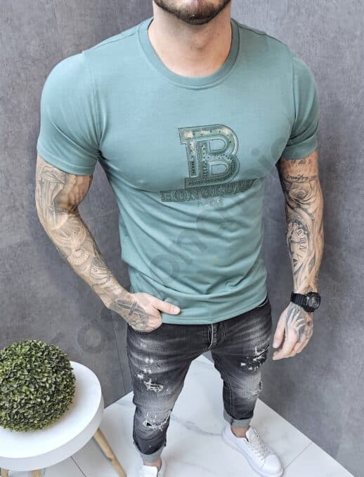 Tricou barbati cu imprimeu cauciucat Honolulu si pietricele-verde pastel cod 1239-2
