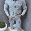 Compleu Baggy din denim cu buzunare cargo si efect zgariat-albastru deschis cod 8137