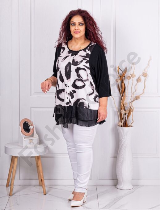 Tunica maxi in clos cu imprimeu elegant si volan din tull-negru cod 25001