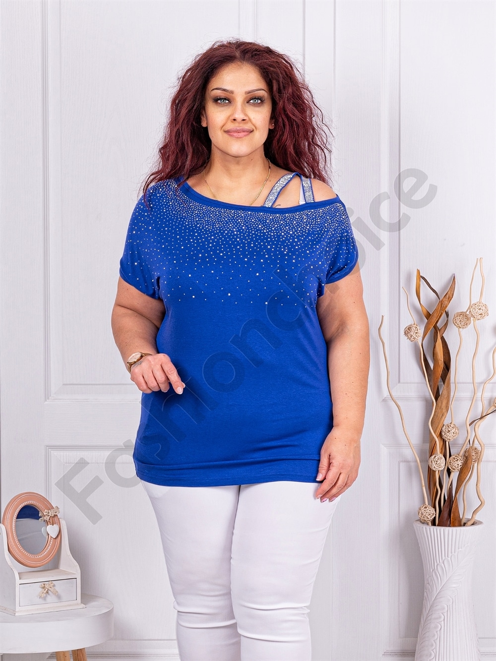 Bluza maxi cu pietricele si curea incrucisata-albastru regal cod 252-3