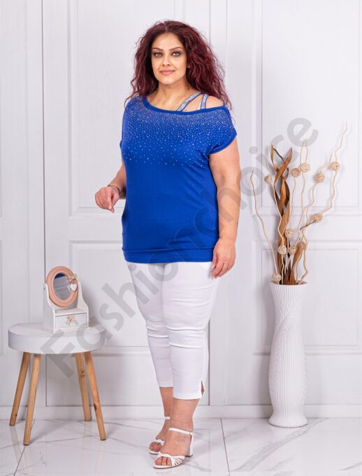 Bluza maxi cu pietricele si curea incrucisata-albastru regal cod 252-3