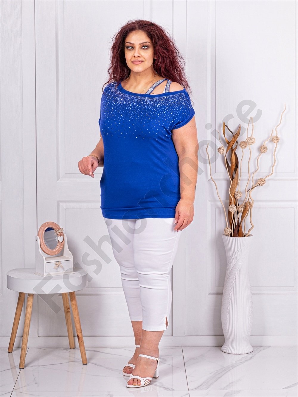 Bluza maxi cu pietricele si curea incrucisata-albastru regal cod 252-3