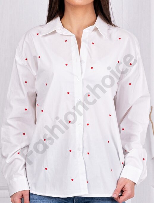 Camasa alba de dama cu inimioare brodate rosii cod 62387-2