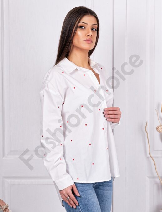 Camasa alba de dama cu inimioare brodate rosii cod 62387-2