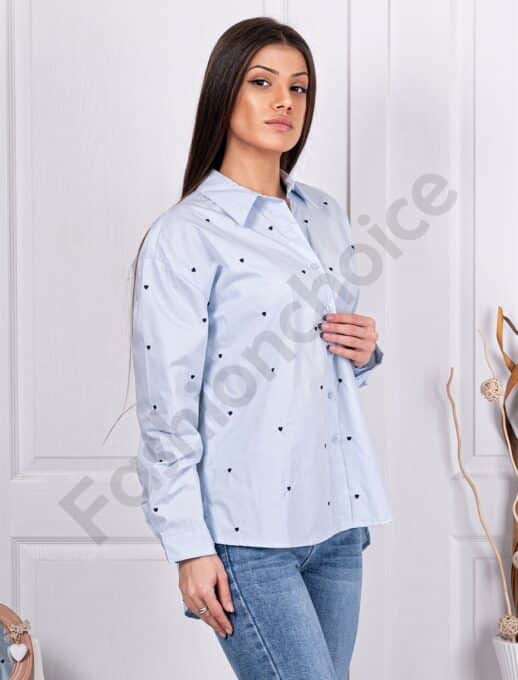 Camasa de dama cu inimioare brodate-albastru cod 62387-4