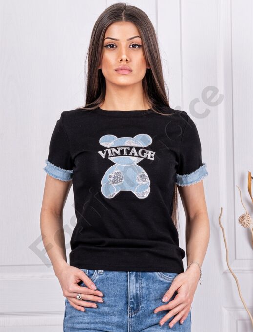 Tricou de dama cu aplicatie ursulet din denim si inscris Vintage-negru cod 62055