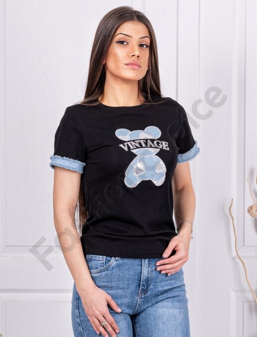 Tricou de dama cu aplicatie ursulet din denim si inscris Vintage-negru cod 62055