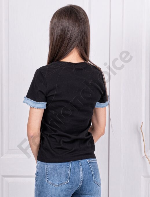 Tricou de dama cu aplicatie ursulet din denim si inscris Vintage-negru cod 62055