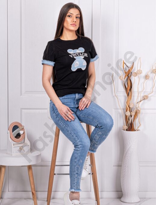 Tricou de dama cu aplicatie ursulet din denim si inscris Vintage-negru cod 62055