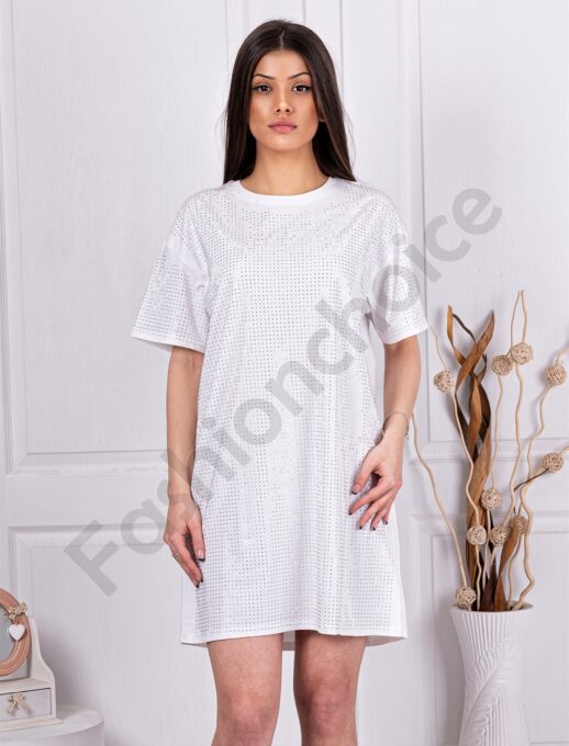 Rochie cu croi lejer si decoratie cu pietricele-alb cod 6017-1