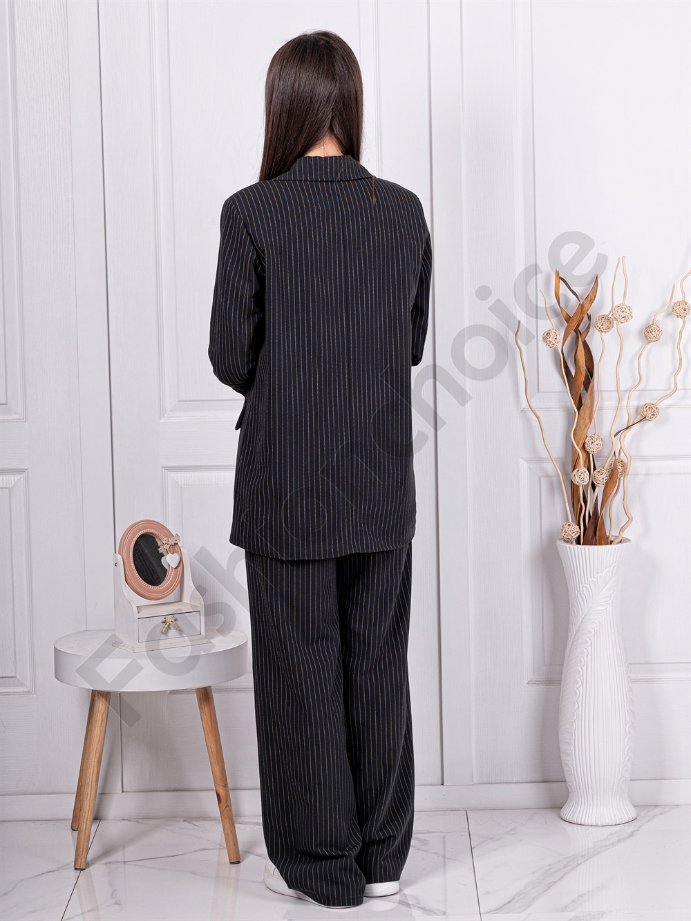 Set de dama Oversize cu sacou si pantalon in dungi-negru cod 3699