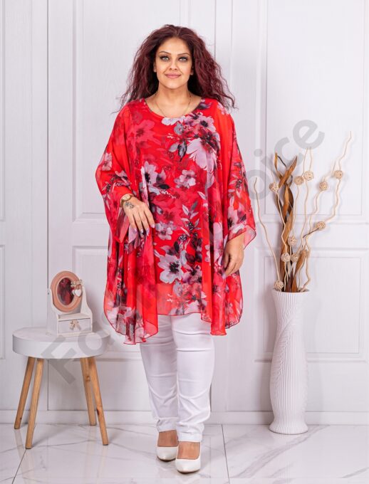 Tunica tip poncho din sifon cu flori albi-rosu cod 255021-15