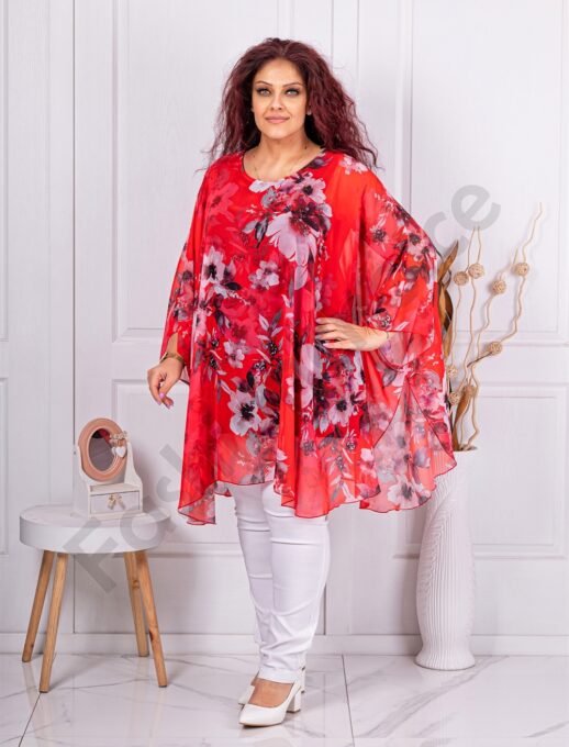 Tunica tip poncho din sifon cu flori albi-rosu cod 255021-15
