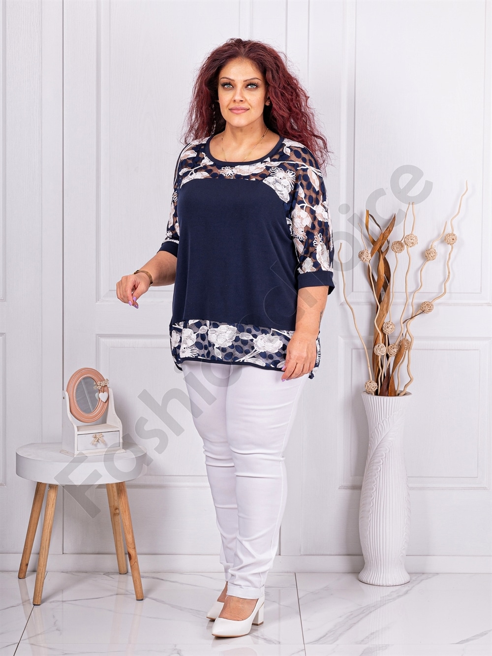 Tunica maxi cu tull din flori albi si buline cod 23022