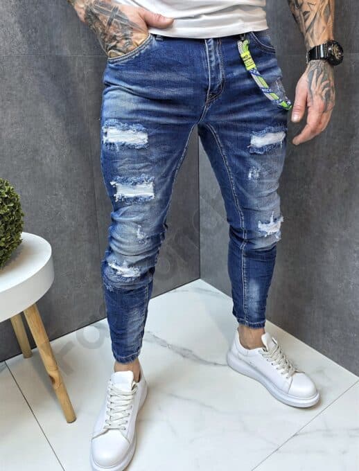 Blugi barbati cu patch-uri si efect prespalat-albastru inchis cod 1023