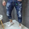 Blugi barbati cu efect rupt si prespalat-albastru inchis cod 7658