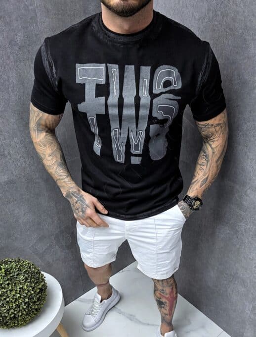 Tricou barbati cu design modern si imprimeu FWS-negru cod 708