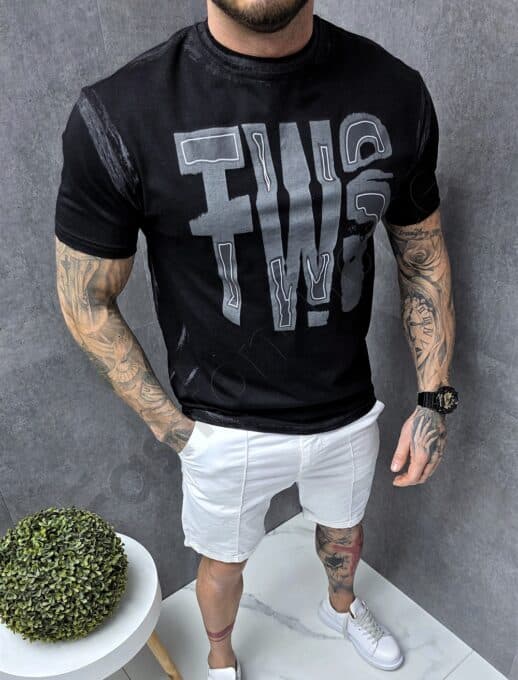 Tricou barbati cu design modern si imprimeu FWS-negru cod 708