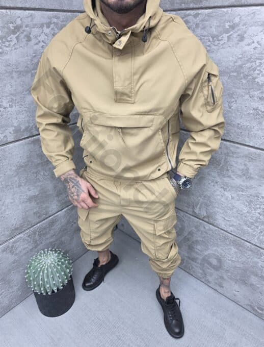 Compleu din fas cu hanorac hoodie si buzunare cargo-camel cod 2279-1