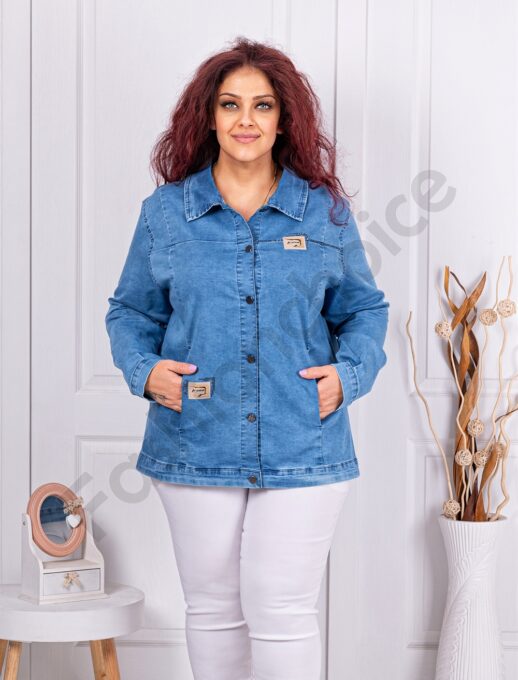 Geaca maxi din denim cu aplicatii din piele-albastru cod 8928