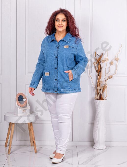 Geaca maxi din denim cu aplicatii din piele-albastru cod 8928