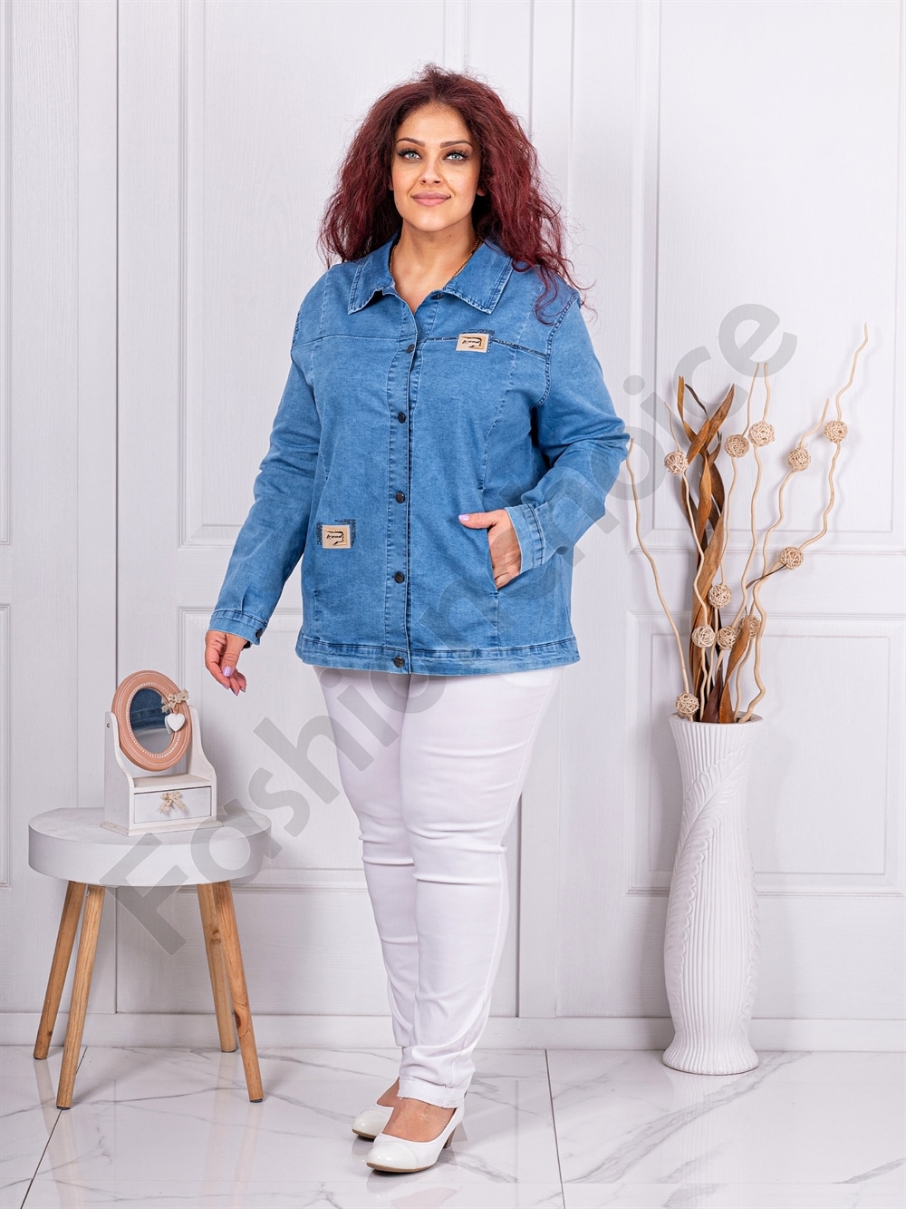 Geaca maxi din denim cu aplicatii din piele-albastru cod 8928