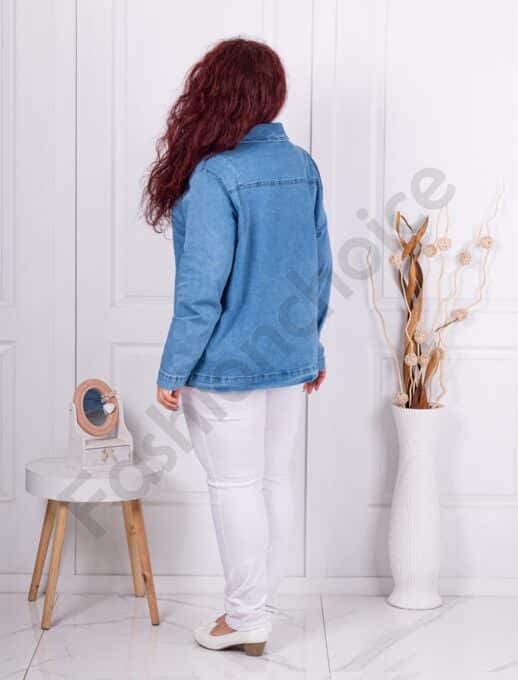 Geaca maxi din denim cu aplicatii din piele-albastru cod 8928