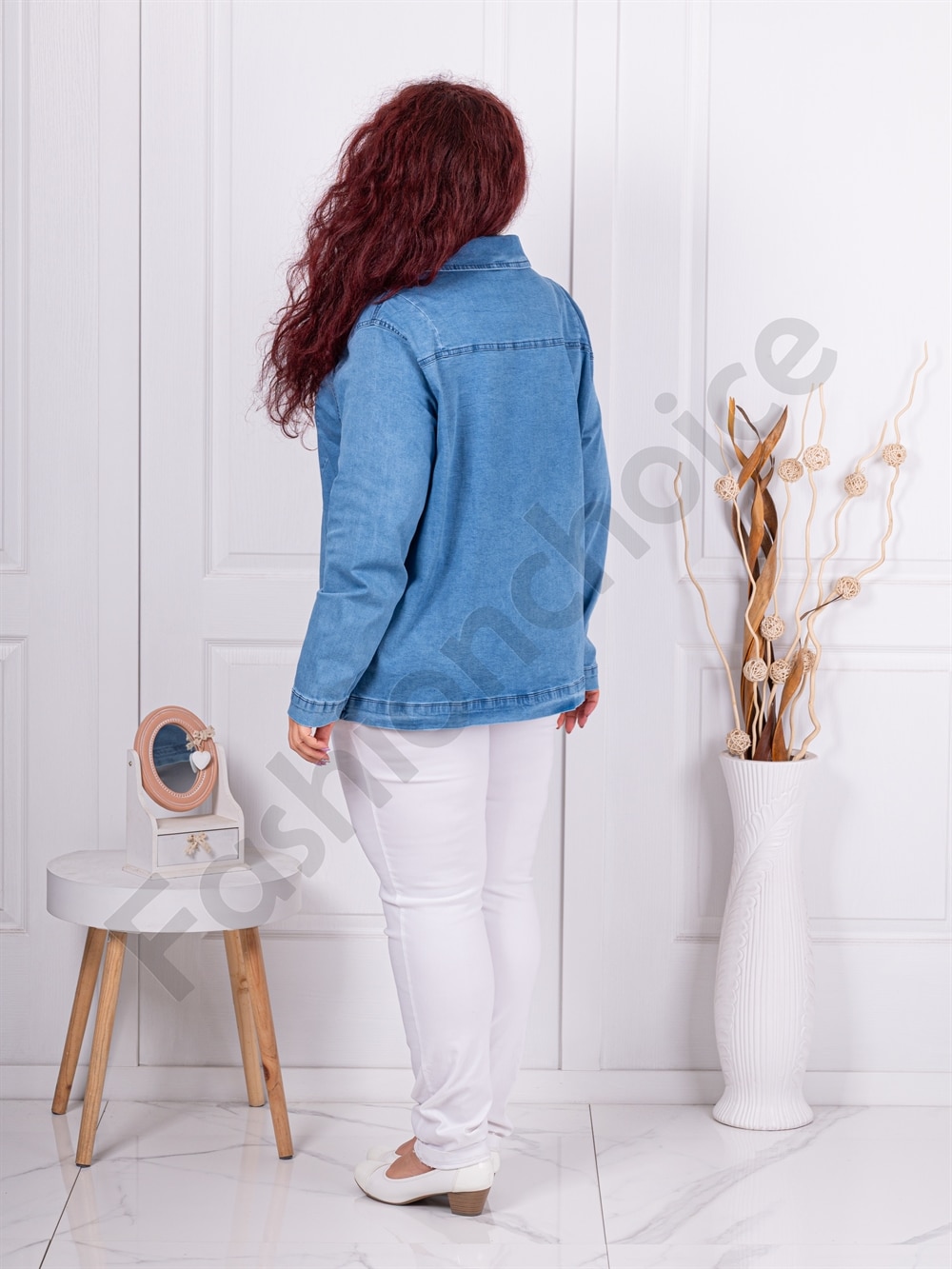 Geaca maxi din denim cu aplicatii din piele-albastru cod 8928