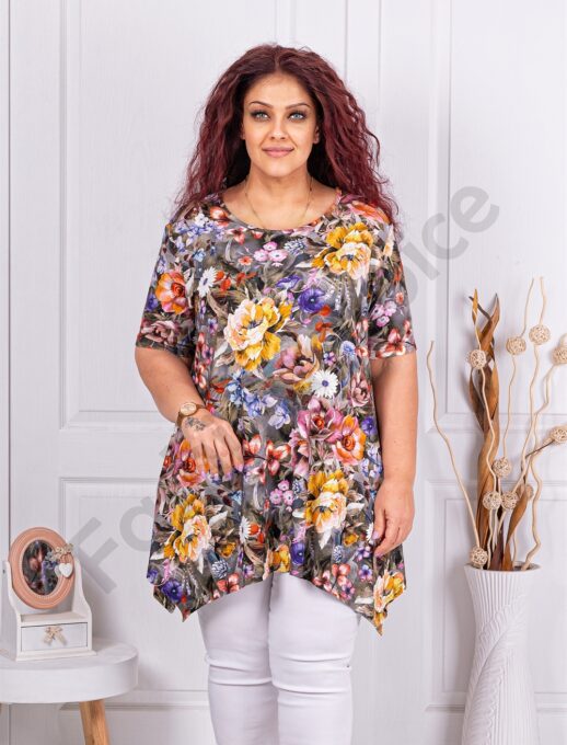 Tunica maxi asimetrica cu imprimeu flori galbene cod 2521018-2